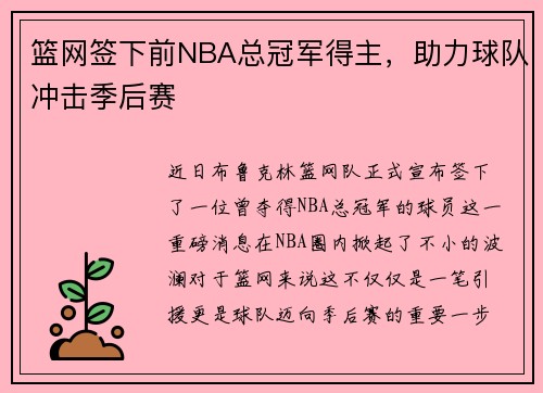篮网签下前NBA总冠军得主，助力球队冲击季后赛